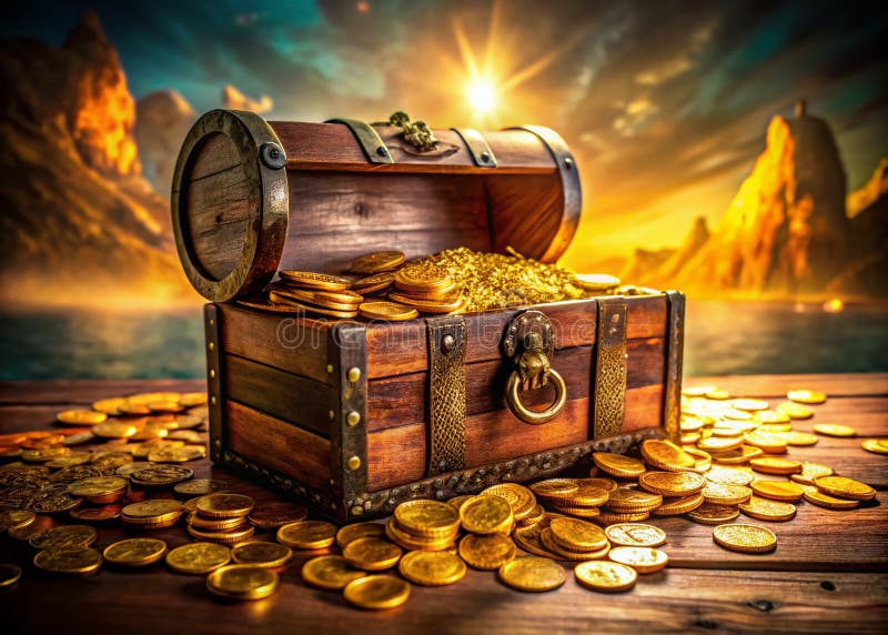 Unearthing Maritime Riches Sparkling Gold Coins and Mystical Artifacts from a Lost Pirates Chest Unveiling a Tapestry stock illustration