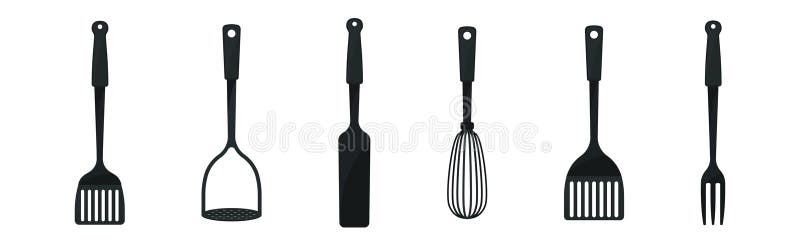 Unelte pentru bucătărie din plastic negru cu furcă spatulă și set vector pentru șoaptă stock illustration