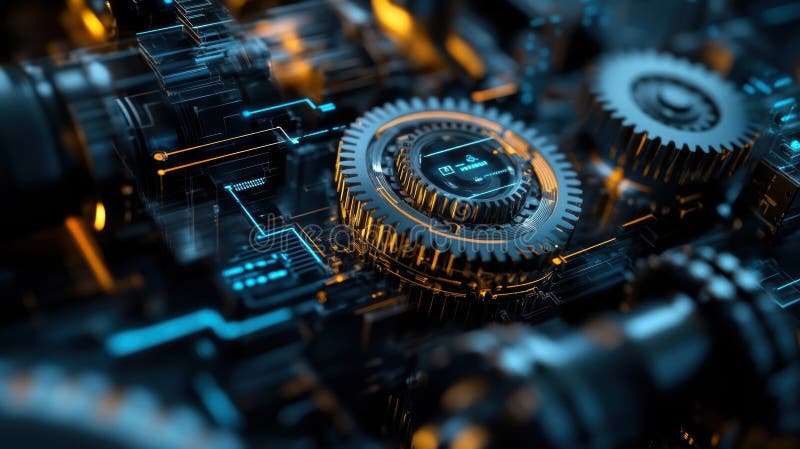 Unelte rotative în interiorul microcipului futurist care indică o bară de progres stock image
