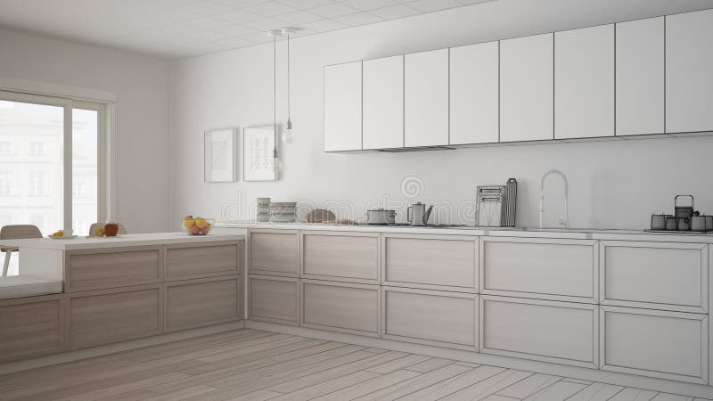 Unfinished Project Of Classic Kitchen With Wooden Details And Pa