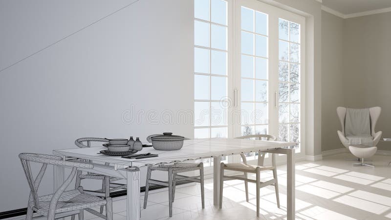 Unfinished Project Draft Of Classic Kitchen Dining Table Laid For Two Chairs And Herringbone Parquet Panoramic Window Minimali Stock Illustration Illustration Of Draft Dining 132628960