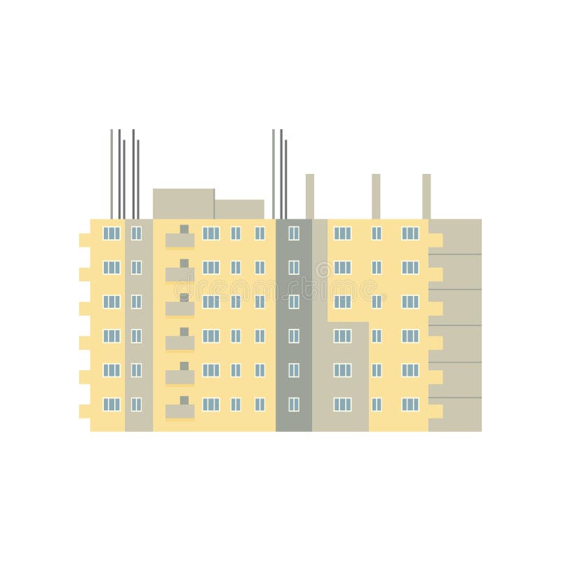 Unfinished residential complex, yellow building facade with windows vector illustration