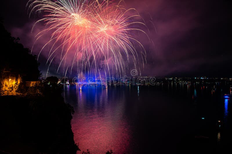 Fireworks on Lake Garda, in Riva del Garda Italy. royalty free stock photography Fireworks on Lake Garda, in Riva del Garda Italy. royalty free stock photography
