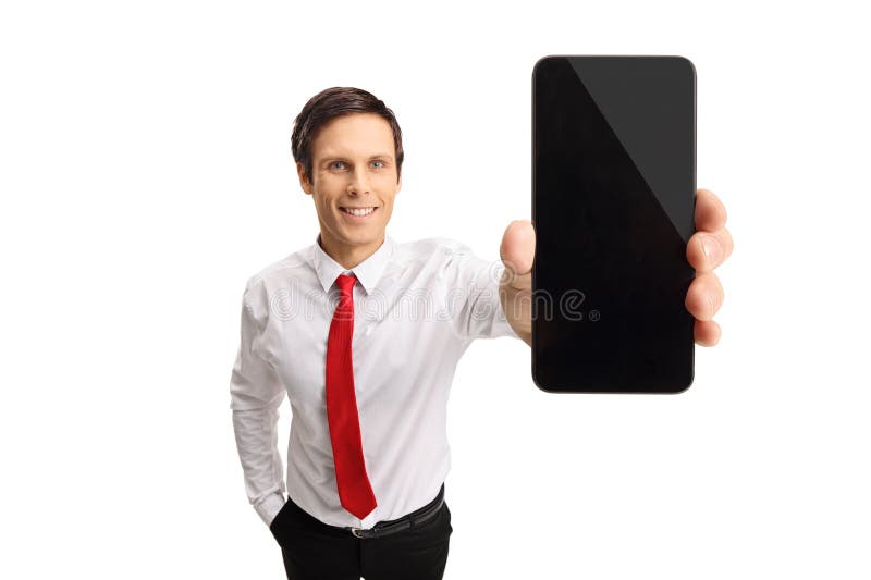 Ung affärsman som visar en telefon arkivbilder Ung affärsman som visar en telefon arkivbilder