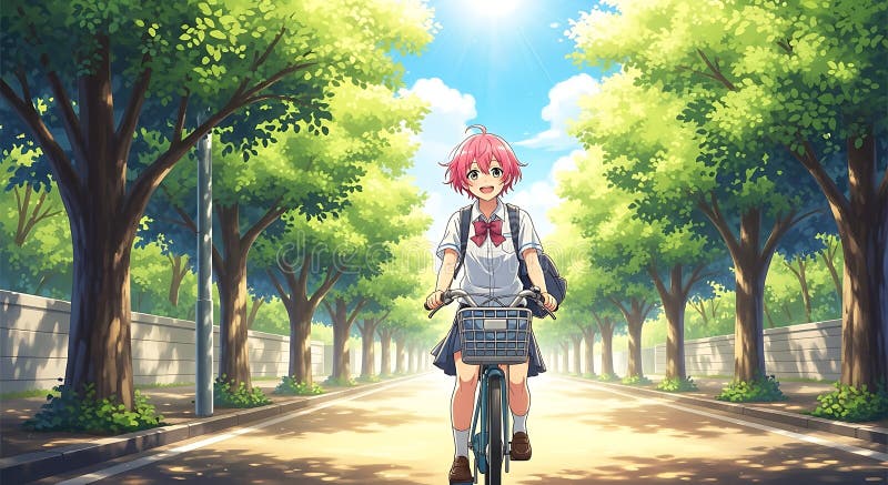 Ung animerad flicka med rosa hår rider en cykel nedåt på en treelinerad gata. Hon bär en stock illustrationer