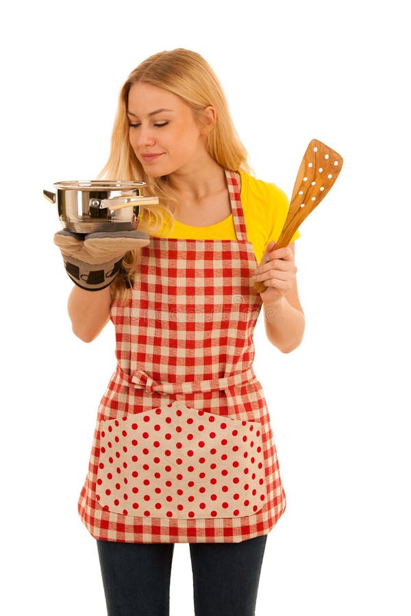 Ung blond kvinnamatlagning som isoleras över vit bakgrund arkivbild Ung blond kvinnamatlagning som isoleras över vit bakgrund arkivbild