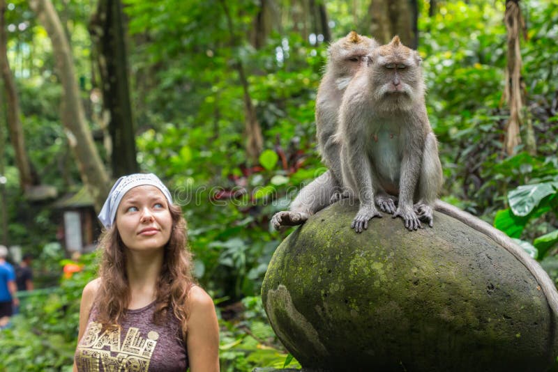 Ung Caucasian kvinna som poserar för ett foto med den gulliga apan på skuldra Den nyfikna macaquen att närma sig handelsresandefl arkivbild Ung Caucasian kvinna som poserar för ett foto med den gulliga apan på skuldra Den nyfikna macaquen att närma sig handelsresandefl arkivbild