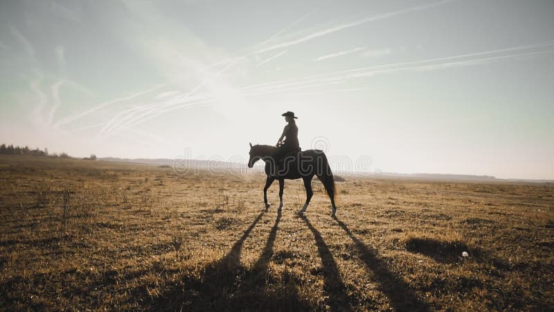 Ung cowgirl på den bruna hästen i ultrarapid utomhus