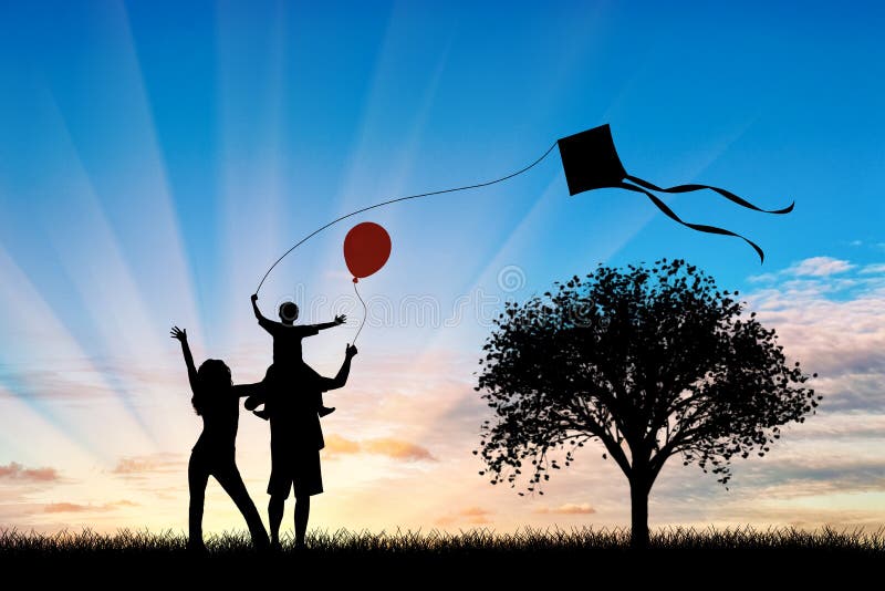 Ung familj hela dagen som spelar med draken och barnet som rymmer en ballong royaltyfri illustrationer Ung familj hela dagen som spelar med draken och barnet som rymmer en ballong royaltyfri illustrationer