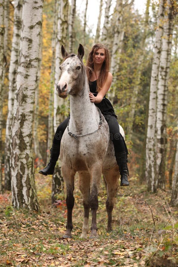 Ung flicka med appaloosahästen i höst arkivbild Ung flicka med appaloosahästen i höst arkivbild