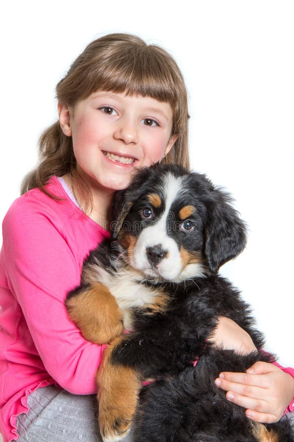 Ung flickakram en hundvalp för bernese berg arkivfoton Ung flickakram en hundvalp för bernese berg arkivfoton
