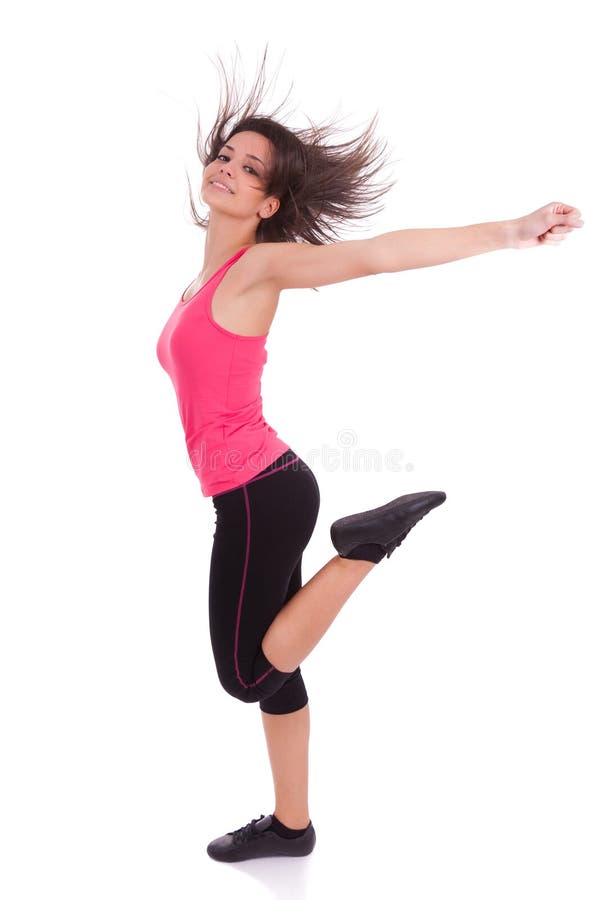 Young beautiful caucasian fitness woman dancing,isolated on white background. Young beautiful caucasian fitness woman dancing,isolated on white background