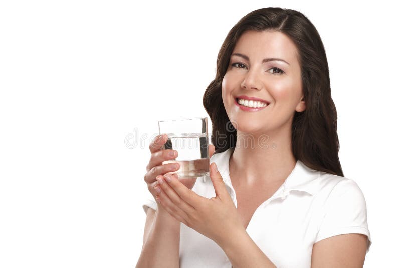 Young beautiful woman drinking fresh water on white. Young beautiful woman drinking fresh water on white