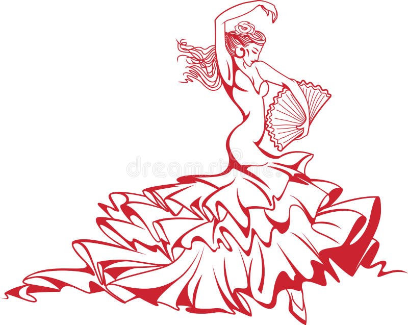 Ung härlig spansk flamencodansare i lång klänning med fanen royaltyfri illustrationer Ung härlig spansk flamencodansare i lång klänning med fanen royaltyfri illustrationer