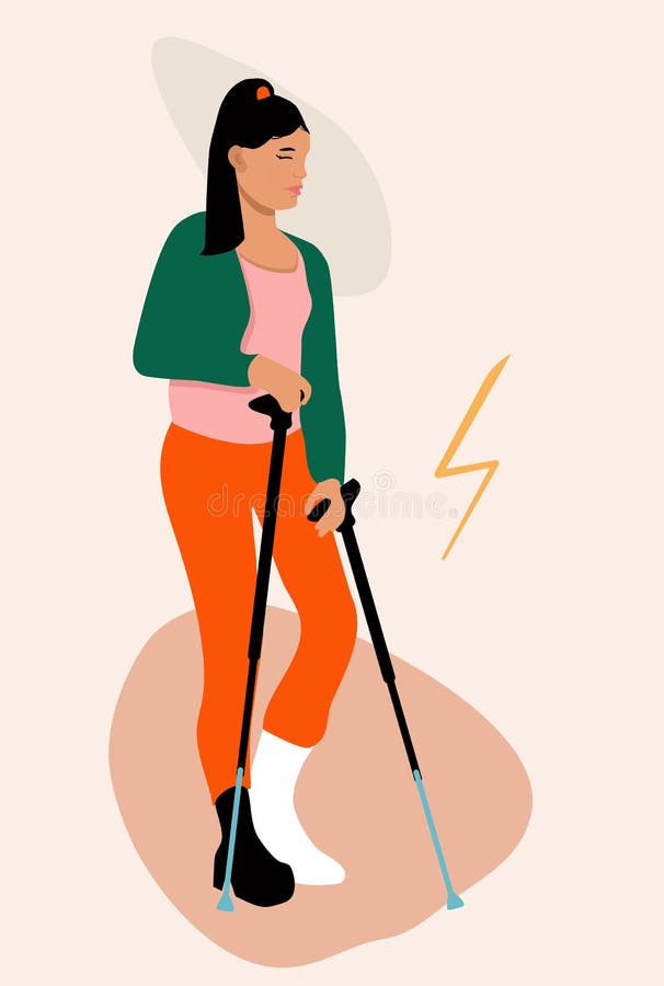 Ung kvinna med bruten benflicka med ortopedisk giv som går med hjälp av fraktur med ryggben eller sprein med gipsmissnöjd inj stock illustrationer