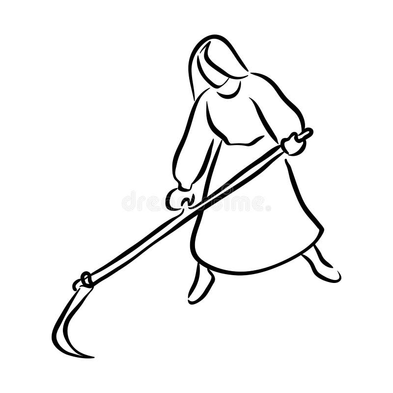 Ung kvinna med scythe line art. Ung kvinna med Sscythe line art illustration vektor isolerad