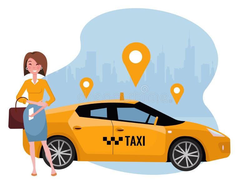Ung kvinna som beställer taxien på mobiltelefonen Hyra en bil genom att använda den mobila appen Online-taxiappbegrepp Gul bil på royaltyfri illustrationer Ung kvinna som beställer taxien på mobiltelefonen Hyra en bil genom att använda den mobila appen Online-taxiappbegrepp Gul bil på royaltyfri illustrationer