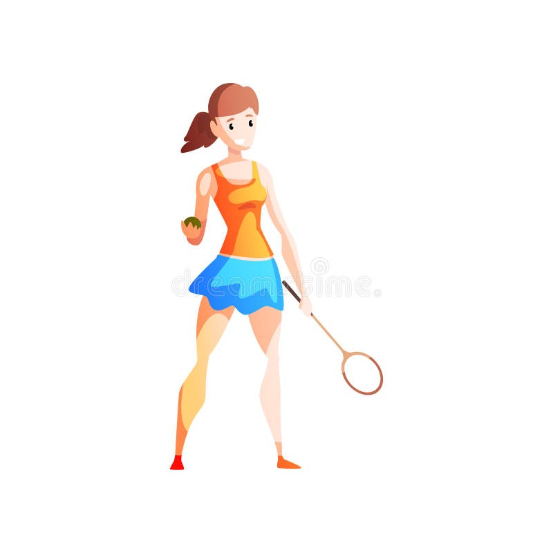 Ung kvinna som spelar tennis, kvinnligt idrottsmantecken med racket i hennes hand, aktiv sund livsstilvektor stock illustrationer