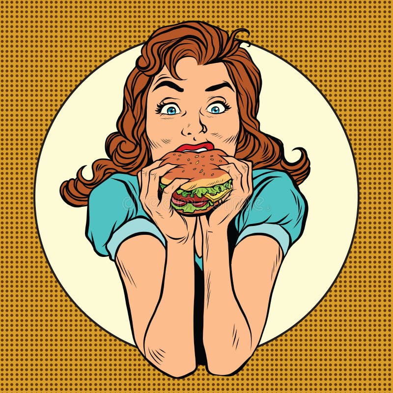Ung kvinna som äter hamburgaren vektor illustrationer