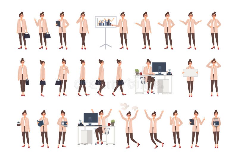 Ung kvinnlig kontorsarbetare som bär smarta kläder, i olika positioner, lynnen, lägen och att uttrycka som är olika stock illustrationer