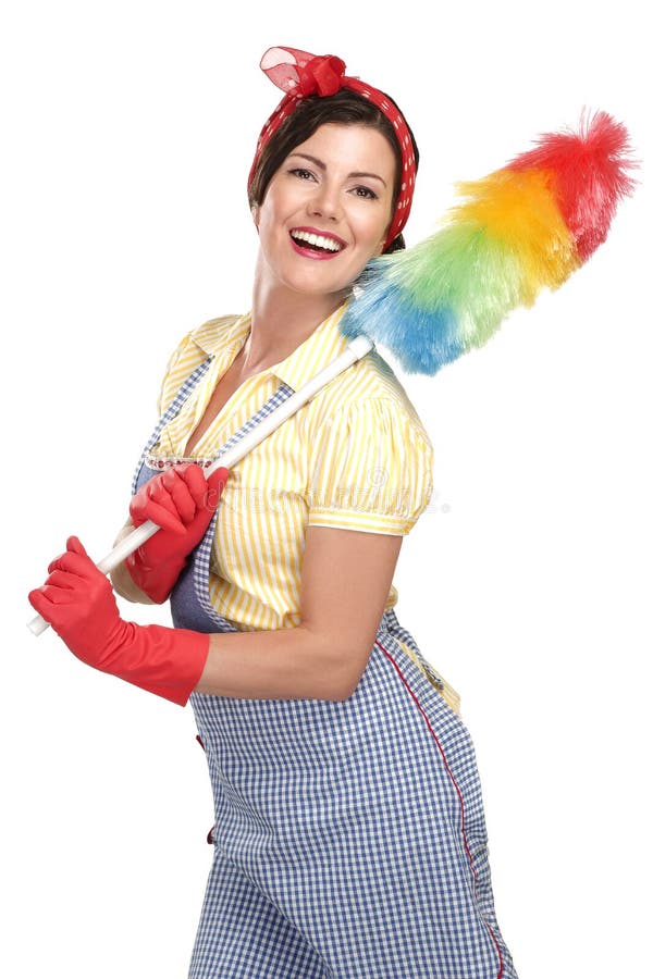 Young happy beautiful woman maid dusting on white background. Young happy beautiful woman maid dusting on white background