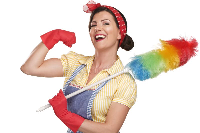 Young happy beautiful woman maid dusting on white background. Young happy beautiful woman maid dusting on white background