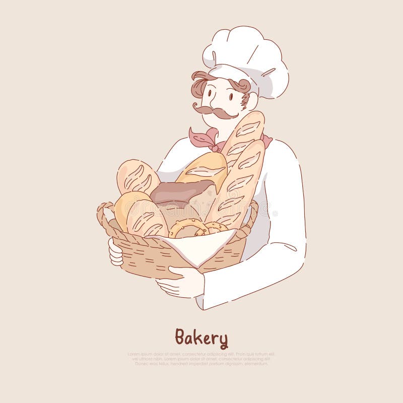 Ung man i korgen för kocklockinnehav med hemlagad bakning, läcker bakelse, bagett, kringla, bageri, bakehousebaner stock illustrationer Ung man i korgen för kocklockinnehav med hemlagad bakning, läcker bakelse, bagett, kringla, bageri, bakehousebaner stock illustrationer