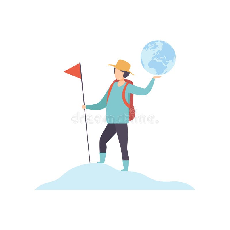 Ung man med ryggsäcken som står på bergöverkant och rymmer illustrationen för flagga- och jordjordklotvektor stock illustrationer Ung man med ryggsäcken som står på bergöverkant och rymmer illustrationen för flagga- och jordjordklotvektor stock illustrationer