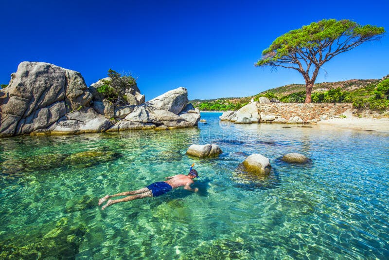 Ung man som snorklar i den gröna lagun, Korsika Frankrike, Europa fotografering för bildbyråer Ung man som snorklar i den gröna lagun, Korsika Frankrike, Europa fotografering för bildbyråer