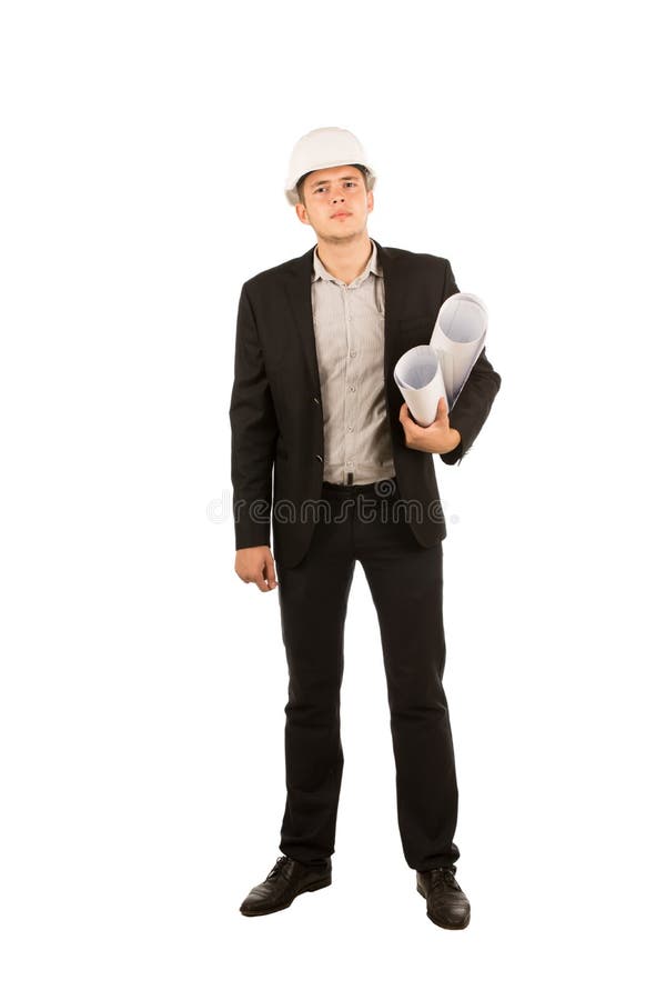 Ung manlig tekniker Carrying Building Blueprints arkivbilder Ung manlig tekniker Carrying Building Blueprints arkivbilder
