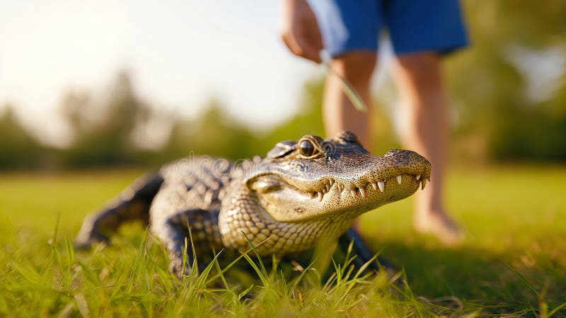Unga alligator som matas av en zookeeper i gräsbeklädnadsområdet visar en unik interaktion mellan människa och reptil royaltyfria bilder