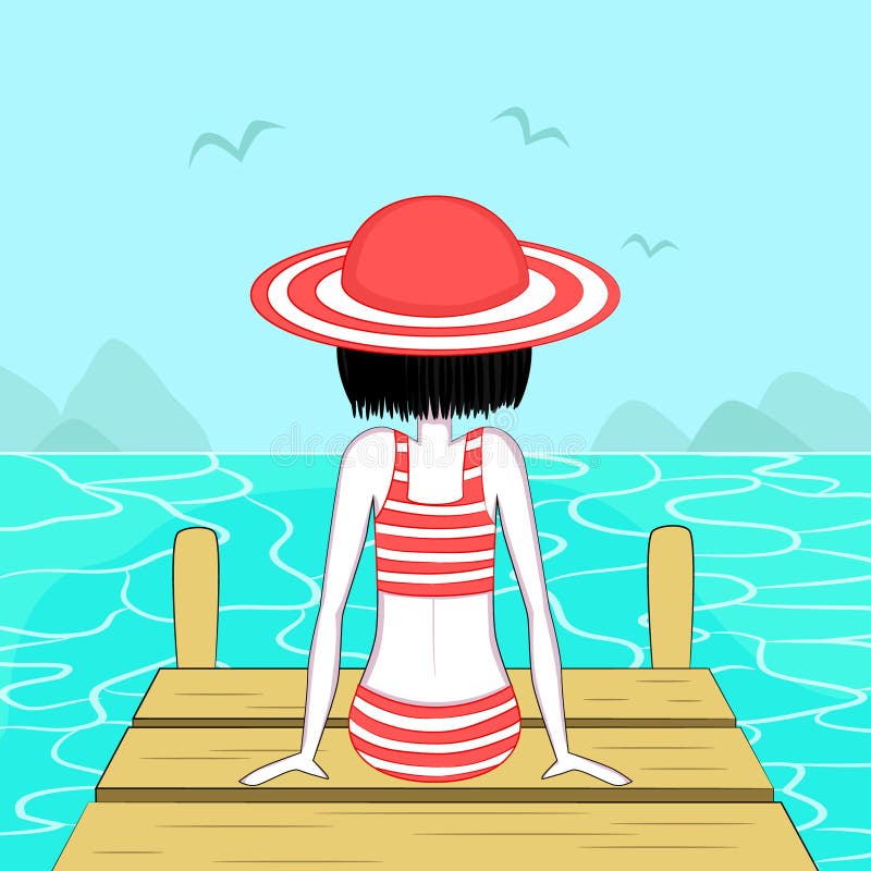 Unga flickan på en pir ser havet stock illustrationer Unga flickan på en pir ser havet stock illustrationer