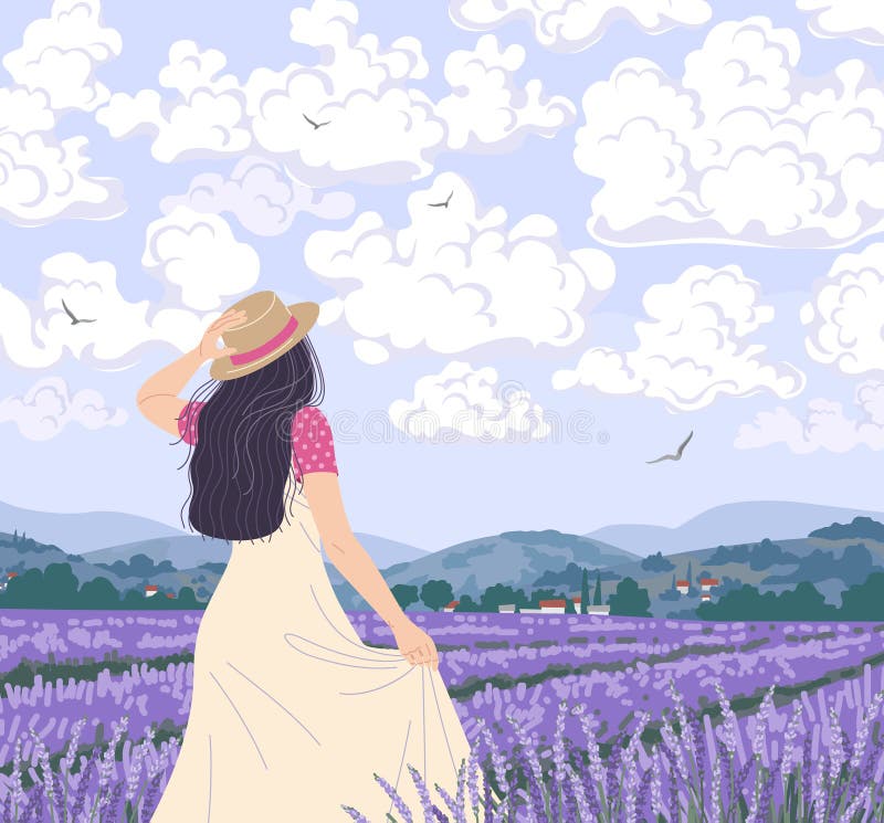 Unga kvinnor gillar lavender-fältet royaltyfri illustrationer