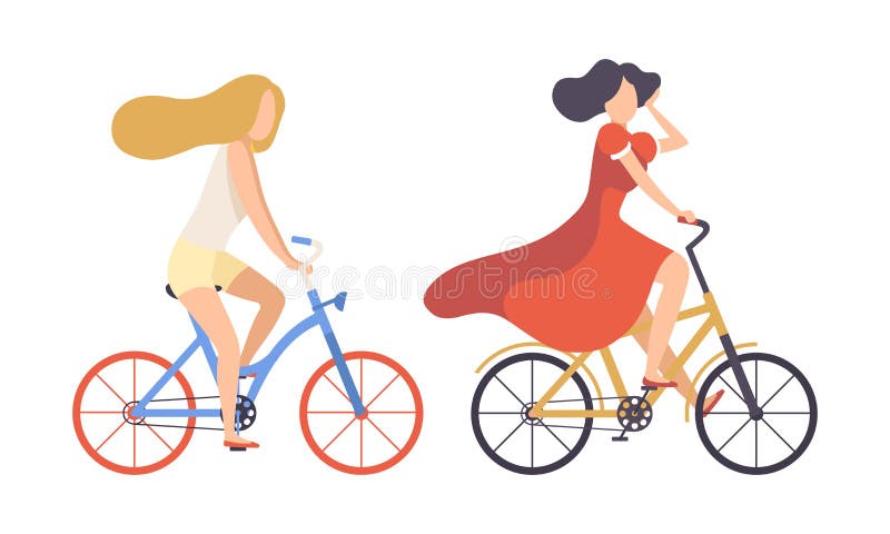 Unga kvinnor som cyklar med sommarvektor