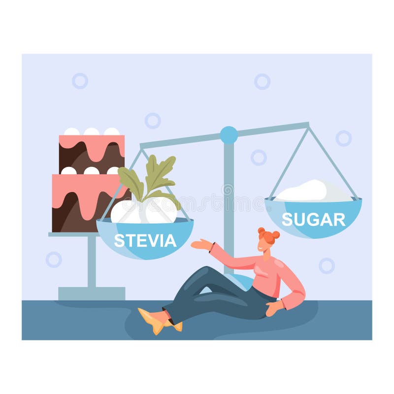 Unga kvinnor som sitter på golvet nära skalor och stora kakor. Begreppet val mellan socker och stevia vektor illustrationer