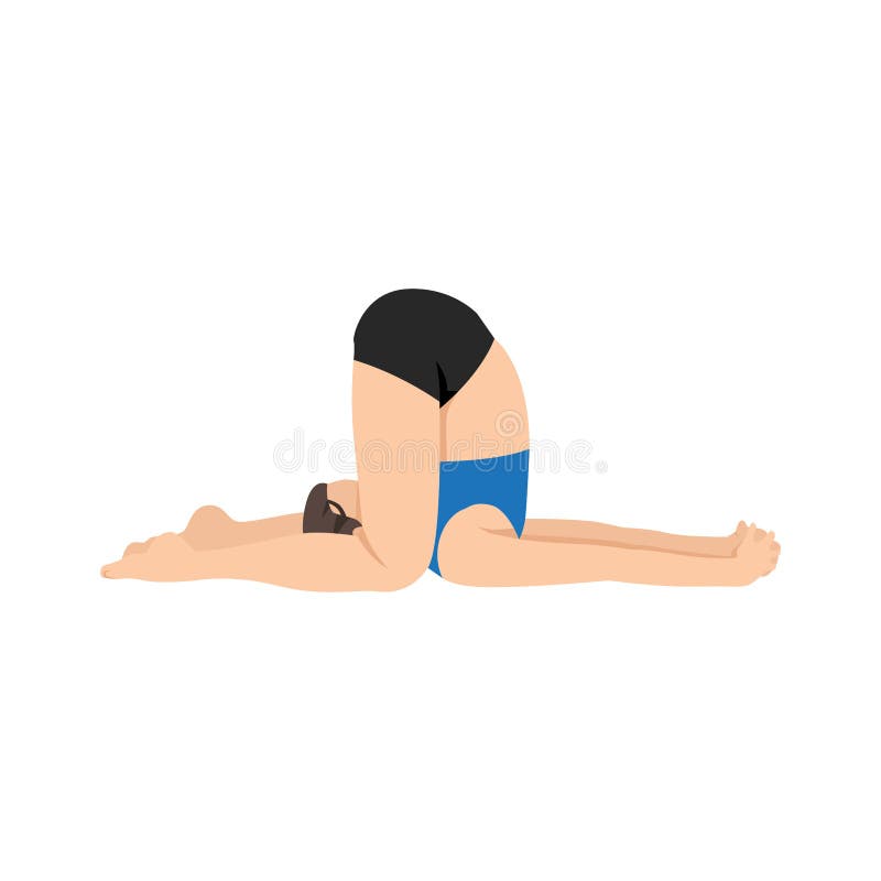 Unga kvinnors örontryck utsätter halasana variationsknän till golvet. Unga kvinnors örontryck utsätter halasana-växlingar på knä för döva golvbeläggning. träna karnapidasana. platt vektorbild isolerad på vit bakgrund