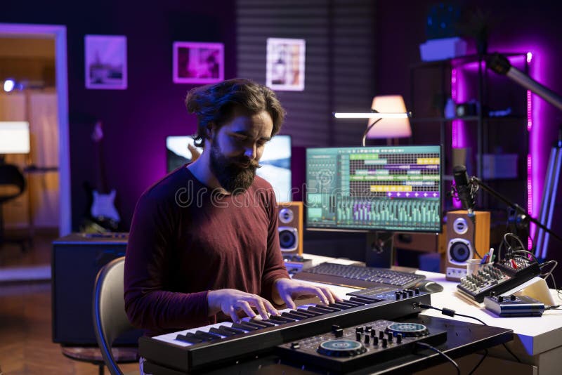 Unga musiker som spelar låtar på piano midi-styrenhet i hemstudio arkivfoto