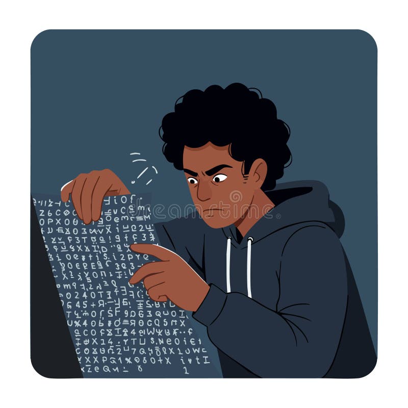 Unga män avkodar krypterat meddelande med fokuserat uttryck och illustration av mörka hoodie-vektorer vektor illustrationer