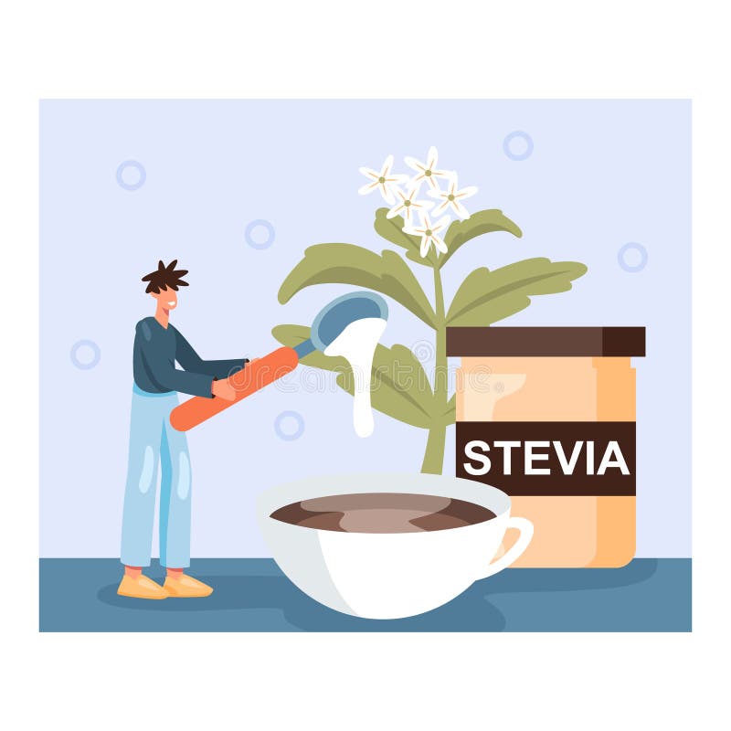 Unga människor som håller sked och tillsätter stevia till kopp med kaffe. naturlig och hälsosam sötingrediens vektor illustrationer