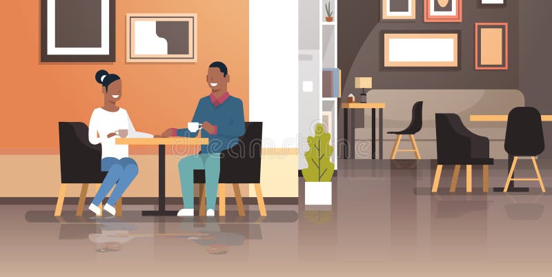 Unga par som dricker kaffe som sitter tillsammans begreppet för datummärkning för förälskelse för kvinna för man för kafétabellaf vektor illustrationer