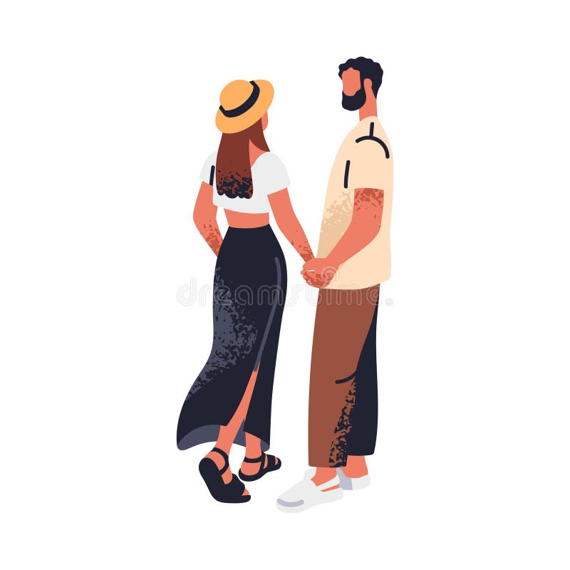 Unga par som håller hand och går tillsammans. man och kvinna i romantiska förhållanden. modern emotsedd royaltyfri illustrationer