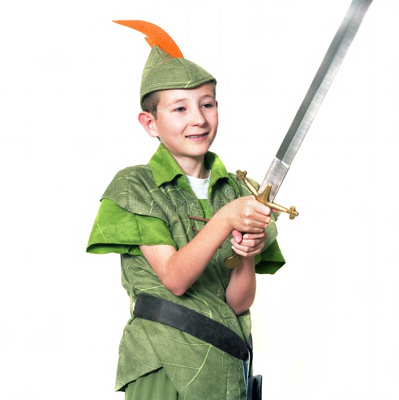 Young Robin Hood with a sword isolated over white. Young Robin Hood with a sword isolated over white