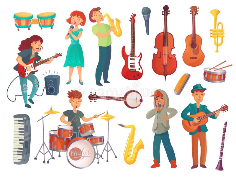 Unga sångare för tecknad film med mikrofoner och musikertecken w royaltyfri illustrationer Unga sångare för tecknad film med mikrofoner och musikertecken w royaltyfri illustrationer