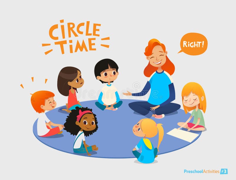 Kids listen and talk to friendly preschool teacher during educational activity in kindergarten. Learning through play and entertainment concept. Vector illustration for advertisement, banner, website. Kids listen and talk to friendly preschool teacher during educational activity in kindergarten. Learning through play and entertainment concept. Vector illustration for advertisement, banner, website