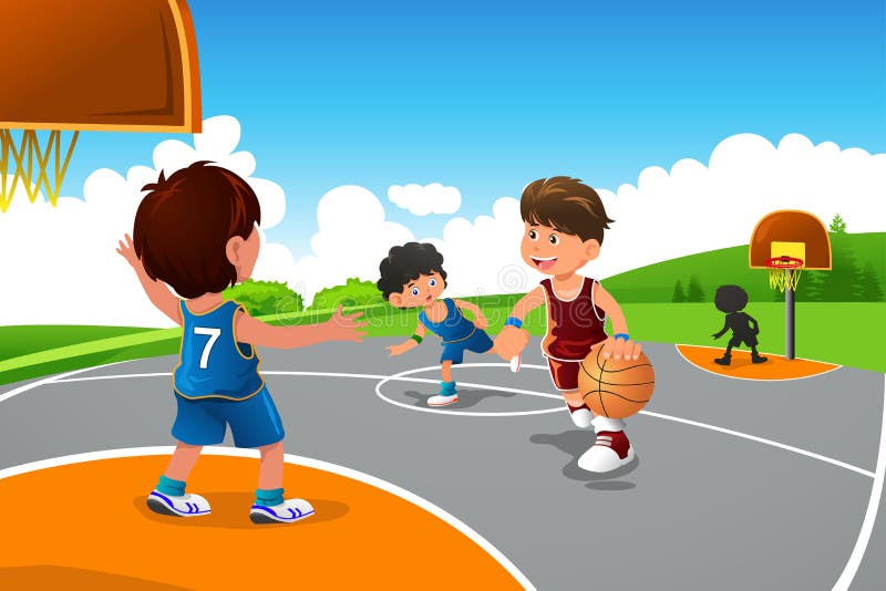 Ungar som spelar basket i en lekplats vektor illustrationer Ungar som spelar basket i en lekplats vektor illustrationer