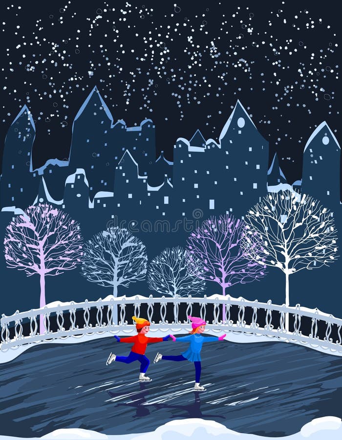 Ungar åker skridskor benches staden räknad stads- vinter för liggandesnowtrees stock illustrationer Ungar åker skridskor benches staden räknad stads- vinter för liggandesnowtrees stock illustrationer