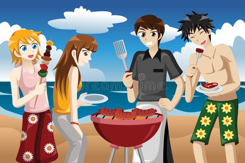 Ungdomarsom har en bbq stock illustrationer Ungdomarsom har en bbq stock illustrationer