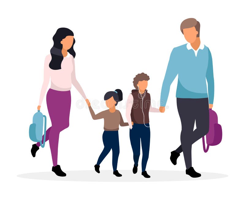 Ungdomsföräldrar med skolbarn illustration av plana vektorer. Familj som går i skolan tillsammans och håller hand om tecknade teck vektor illustrationer