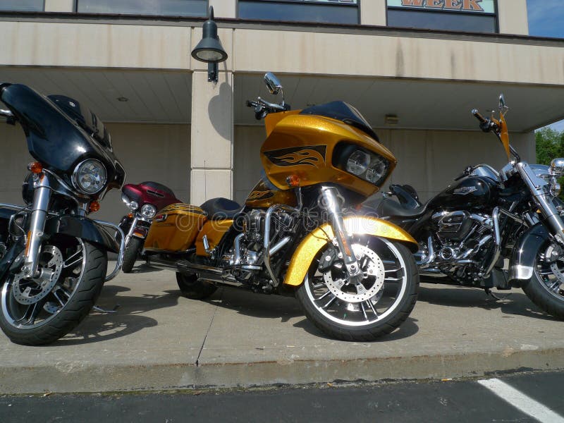 Ungegerbte Schlachthaut Harley Davidson, Olathe, KS, Motorräder auf Anzeige für Verkauf lizenzfreie stockbilder Ungegerbte Schlachthaut Harley Davidson, Olathe, KS, Motorräder auf Anzeige für Verkauf lizenzfreie stockbilder