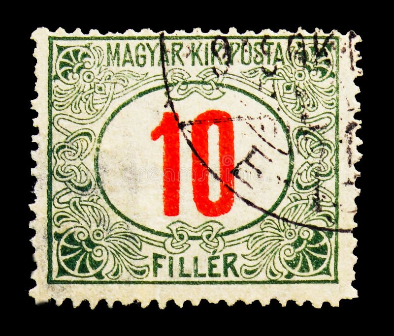 MOSCOW, RUSSIA - MAY 13, 2018: A stamp printed in Hungary shows Magyar Kir Posta, Postage due serie, circa 1915. MOSCOW, RUSSIA - MAY 13, 2018: A stamp printed in Hungary shows Magyar Kir Posta, Postage due serie, circa 1915